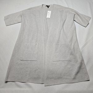 New Eileen Fisher Long Open Front Cardigan Silk Organic Cotton Blend Pearl Gray